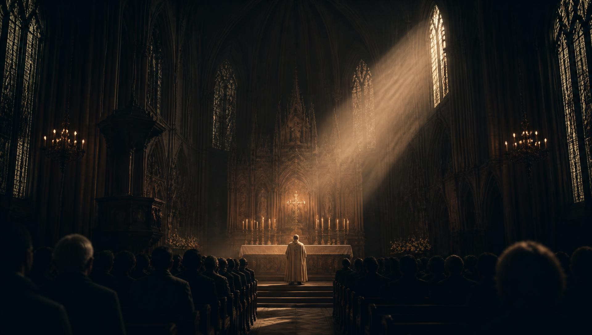 A congregation gathered in a vast gothic cathedral with a single warm shaft of light cutting through the darkness
